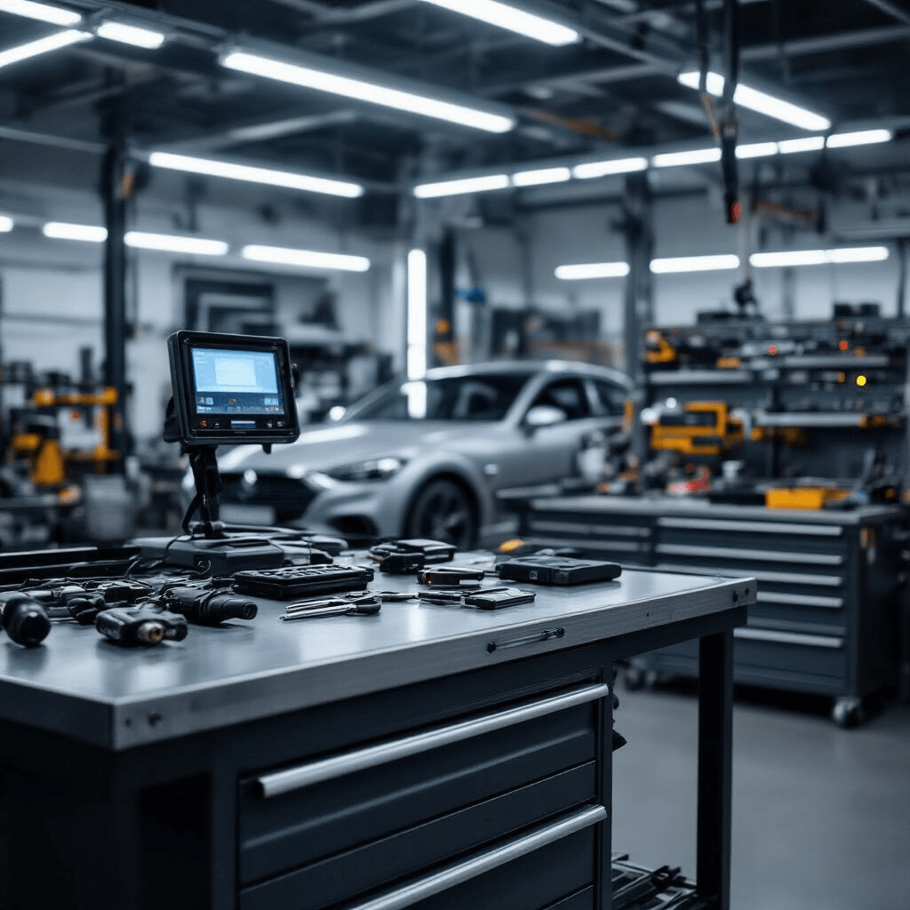 Close-up van een moderne autosleutelservice met een metalen werkbank, een geavanceerd elektronisch sleutelprogrammeerstation, geordende gereedschapskasten en een gespecialiseerde slijpmachine, verlicht door industriële LED-verlichting in een neutrale kleurcompositie.
