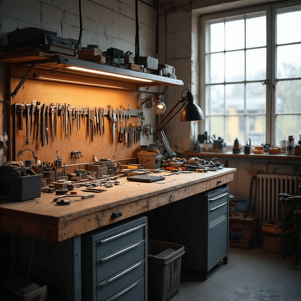 Realistische werkplaats met een gedemonteerde autosleutel en elektronische componenten op een houten werkbank, omringd door precisietools en soldeerapparatuur, verlicht door natuurlijk licht.