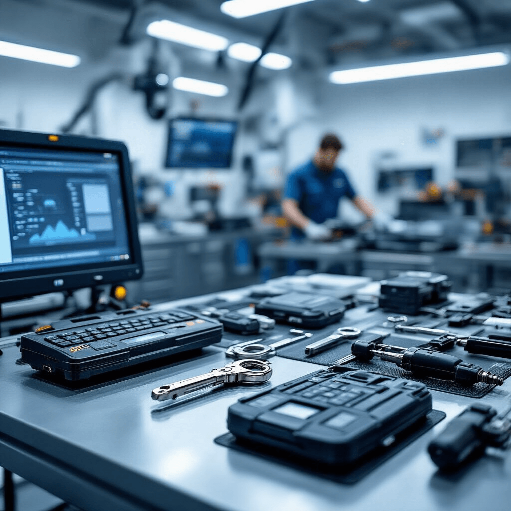 Ultra-gedetailleerde werkplaatsscène met moderne programmeringstafel voor autosleutels, verlicht door heldere LED's, met precisie-instrumenten en transpondersleutels in verschillende stadia van programmering.