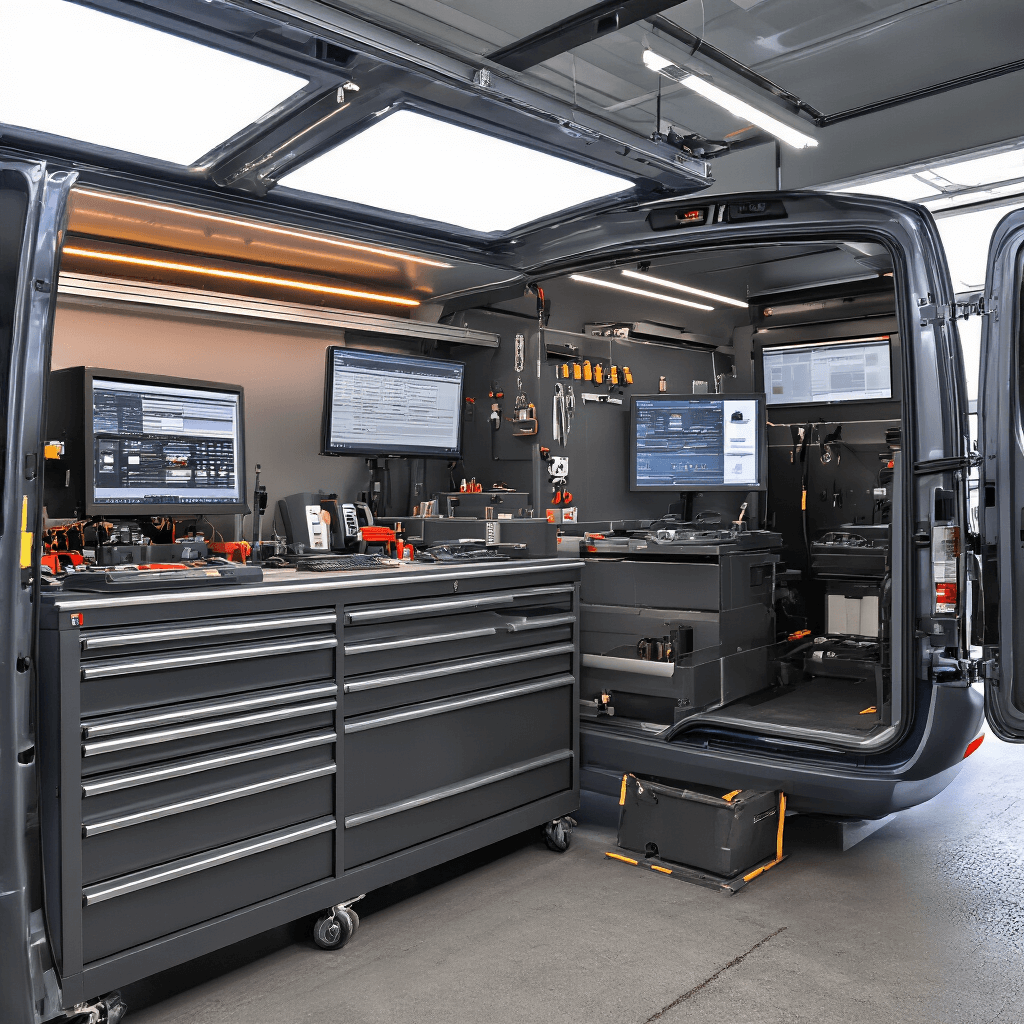 Fotorealistische afbeelding van het interieur van een mobiele automotive sleutelservice-bestelwagen, met hoogwaardige programmeerapparatuur, gestructureerde gereedschapskasten en computerschermen voor autosleutel-diagnostiek, verlicht door warme industriële LED-verlichting en natuurlijk daglicht.