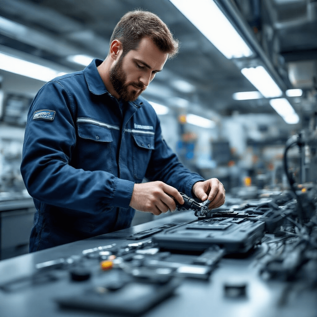 Close-up van een technicus die een Renault transpondersleutel repareert in een moderne autosleutelservice, met een geavanceerde programmeerwerkbank en heldere LED-verlichting.