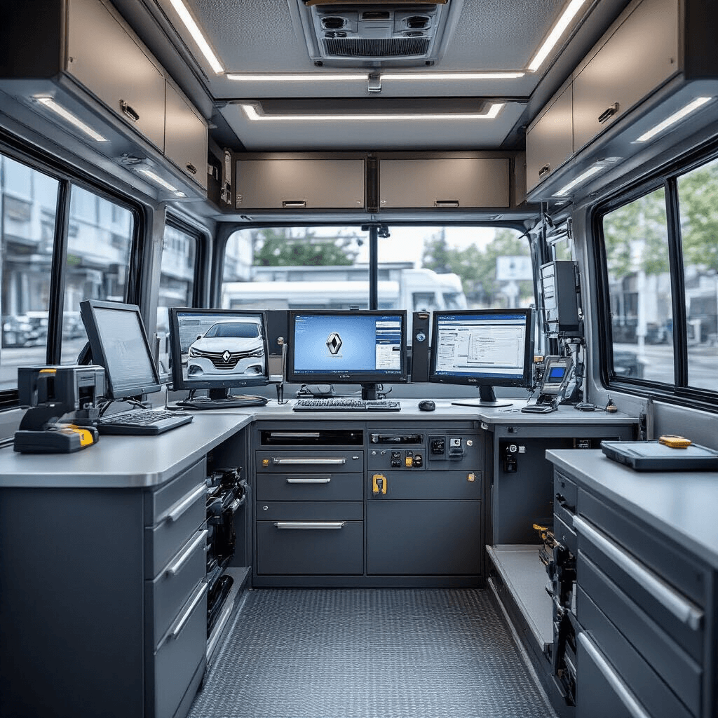 Hyperrealistische afbeelding van een mobiele autosleutelservice-bus met gedetailleerd interieur, ingebouwde werkbank en moderne diagnoseapparatuur. Monteur leest keycard in met elektronische tools, verlicht door natuurlijk daglicht dat binnenkomt via de open zijdeur.