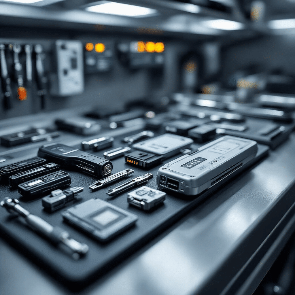 Hyperrealistische close-up van een moderne werkbank voor autosleutelservices met high-tech apparatuur, georganiseerde gereedschappen en transponders, verlicht door diffus LED-licht, die nauwkeurige technische details benadrukt in een professionele en industriële omgeving.