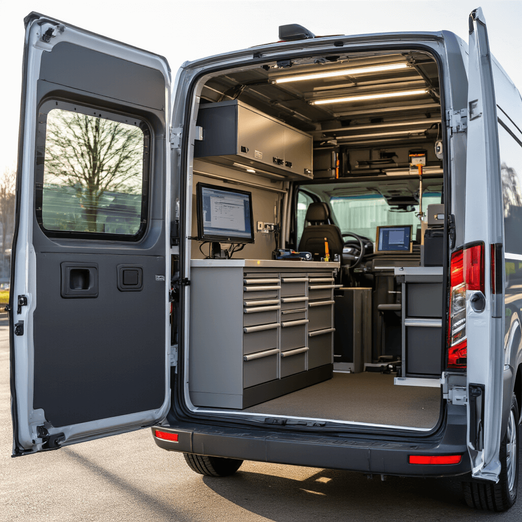 Dynamische interieur van een mobiele sleutelservice bestelwagen met een ingebouwde werkbank, computerdiagnosesystemen en opbergkasten voor sleuteltechnologie, verlicht door warm zonlicht en met een professionele werkomgeving vol gereedschappen en elektronische apparatuur.