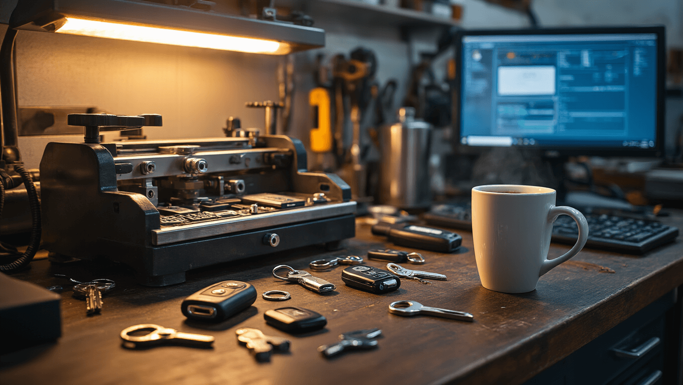 Professionele autosleutelservice werkbank met glanzende precisiesleutelknipmachine, Opel Corsa transpondersleutels en afstandsbedieningen verspreid over een donkere houten oppervlakte, diagnostische computer met blauwe gloed, georganiseerde metalen gereedschappen die licht reflecteren, warme LED-verlichting en stoom van een vers gezette koffiekopje, met een rustige achtergrond van wit naar zachtgrijs.