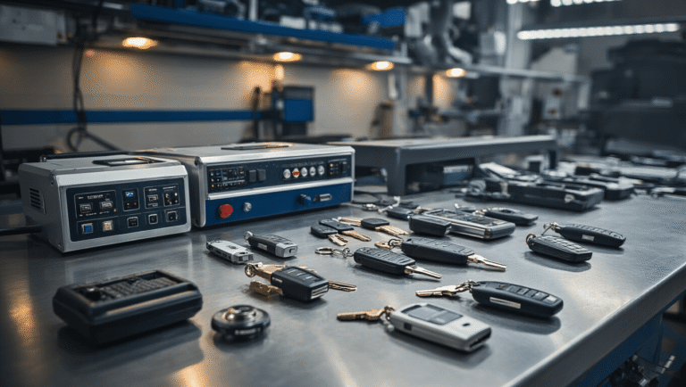 Professionele autosleutelservice werkplaats met elektronische sleutelprogrammeermodules en diagnostische apparatuur op een roestvrijstalen werkbank, warm industrieel licht en een georganiseerde, nauwkeurige ruimte.