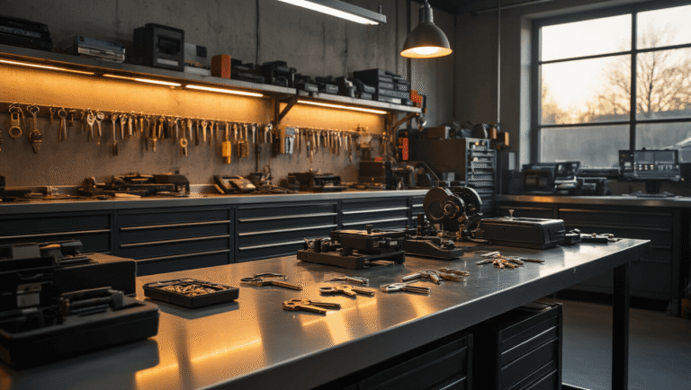 Professionele slotenmakerij in Berkel en Rodenrijs met een roestvrijstalen werkbank, precisiesleutelsnijmachines en warme LED-verlichting, waarin verschillende autosleutels en OBD-programmering apparatuur zijn verspreid, met een uitnodigende sfeer van gouden uurlicht.