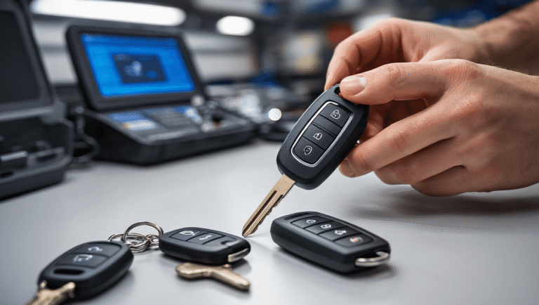 Professionele autosleutelprogrammeur in mobiele werkplaats met moderne apparatuur voor het vervangen van Renault-sleutels, goed verlichte werkruimte met diagnosehulpmiddelen en nieuwe chromen sleutels.