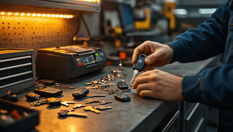 Professionele autosleutelwerkplaats met het dupliceren van een Seat Ibiza-autosleutel op een precisiesleutelknipmachine, warme LED-verlichting die zachte schaduwen werpt op de metalen werkbank, verspreide sleutelblanks en elektronische programmeringshulpmiddelen, close-up van handen die de originele transpondersleutel vasthouden, moderne diagnostische apparatuur die amberkleurig oplicht, textuur van stalen oppervlakken, georganiseerde gereedschapslades, autosleutels met afstandsbedieningen tentoongesteld, schone werkplaatsomgeving, ondiepe scherptediepte gericht op het sleutelknipproces, cinematische verlichting die een uitnodigende professionele sfeer creëert.
