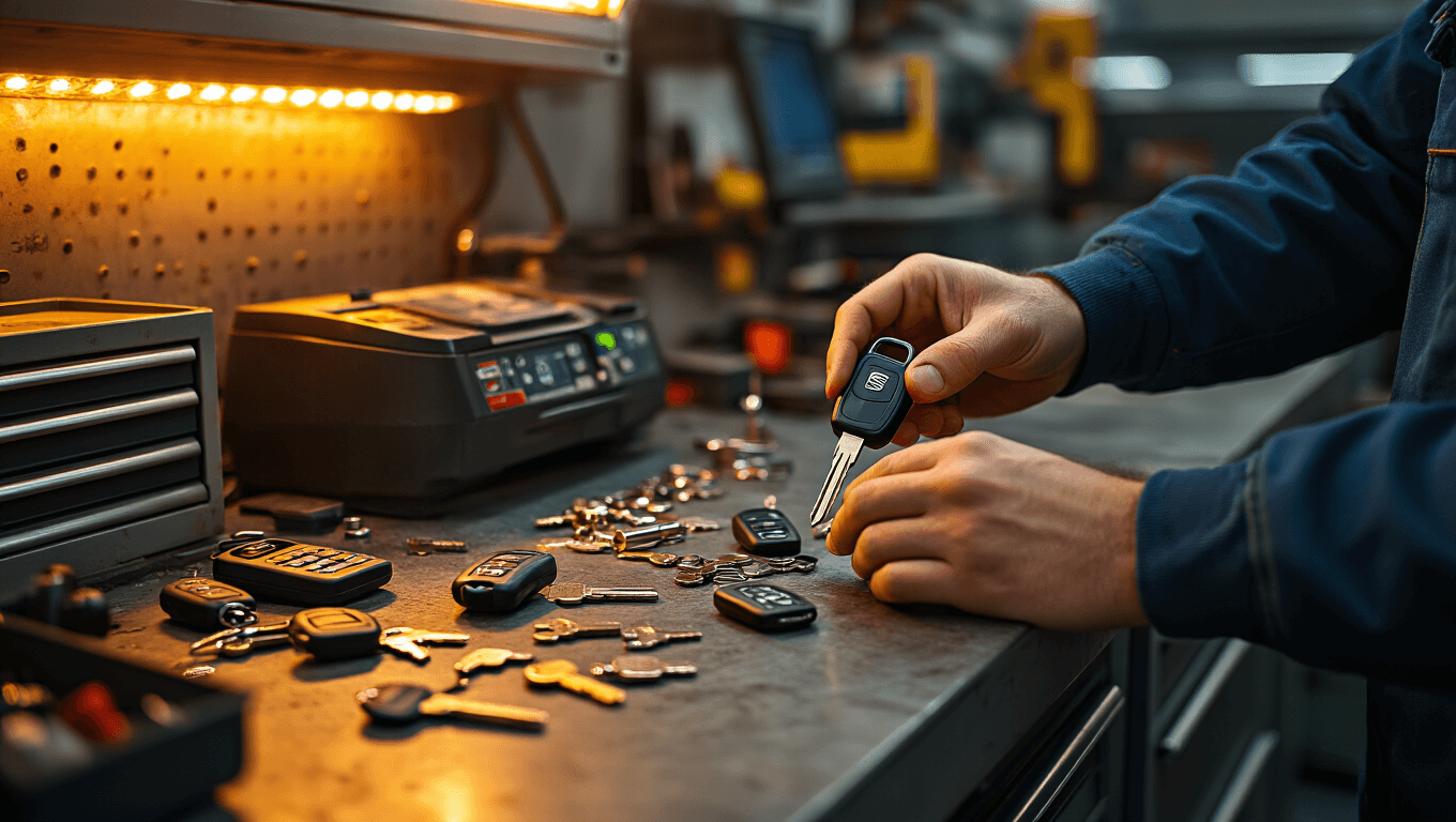 Professionele autosleutelwerkplaats met het dupliceren van een Seat Ibiza-autosleutel op een precisiesleutelknipmachine, warme LED-verlichting die zachte schaduwen werpt op de metalen werkbank, verspreide sleutelblanks en elektronische programmeringshulpmiddelen, close-up van handen die de originele transpondersleutel vasthouden, moderne diagnostische apparatuur die amberkleurig oplicht, textuur van stalen oppervlakken, georganiseerde gereedschapslades, autosleutels met afstandsbedieningen tentoongesteld, schone werkplaatsomgeving, ondiepe scherptediepte gericht op het sleutelknipproces, cinematische verlichting die een uitnodigende professionele sfeer creëert.