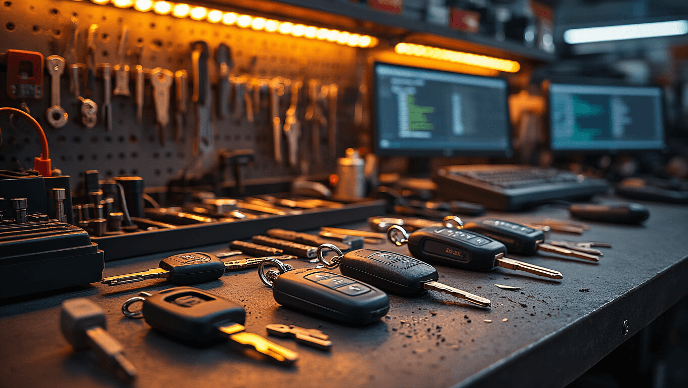 Cinematische werkplaats met warme LED-verlichting, een auto sleutel programmeringsstation op de voorgrond en verschillende Seat transponder sleutels in diverse stadia van bewerking, evenals precisiegereedschap en elektronische apparaten netjes gerangschikt.