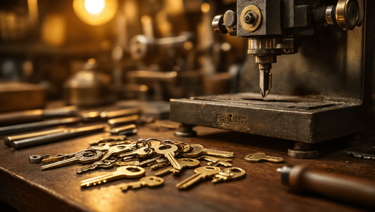 Professionele slotenmakerwerkplaats met vintage brass sleutels op een gepolijst houten werkbank, nauwkeurige sleutelknipmachine op de achtergrond, warme gouden verlichting en gedetailleerde sleutelprofielen zichtbaar.