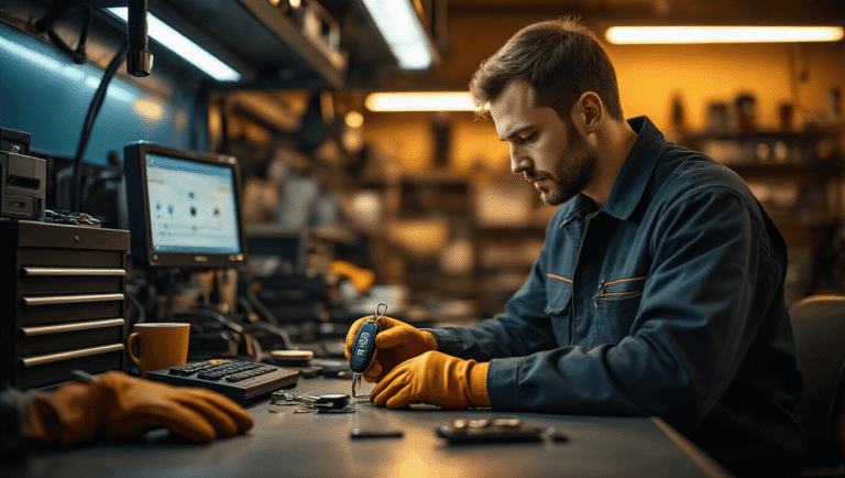 Cinematisch interieur van een moderne autosleutel programmeerwerkplaats met een geconcentreerde technicus die een Toyota Smart Key programmeert. Dramatische industriële verlichting werpt warme schaduwen op een georganiseerde werkruimte met hoogtechnologische diagnoseapparatuur en metalen oppervlakken.