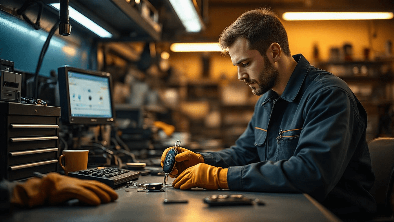 Cinematisch interieur van een moderne autosleutel programmeerwerkplaats met een geconcentreerde technicus die een Toyota Smart Key programmeert. Dramatische industriële verlichting werpt warme schaduwen op een georganiseerde werkruimte met hoogtechnologische diagnoseapparatuur en metalen oppervlakken.
