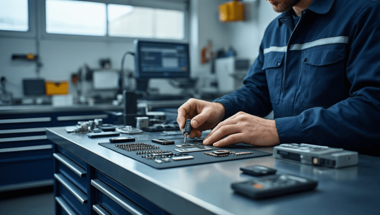 Professionele automotive workshop met moderne apparatuur en warme industriële verlichting, waar ervaren handen een Volkswagen transponder sleutel programmeren aan een schoon roestvrijstalen werkstation.