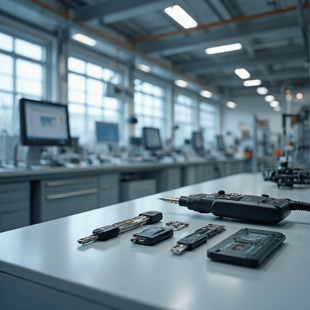 Cinematografische close-up van een moderne autosleutelwerkplaats met een witte geëmailleerde werkbank, elektronische transponder-programmeerstation, en georganiseerde antraciete gereedschapskasten, gericht op Mercedes-sleutelcomponenten zoals microchips en circuits in een industrieel ontworpen ruimte met diffusie van natuurlijk licht.