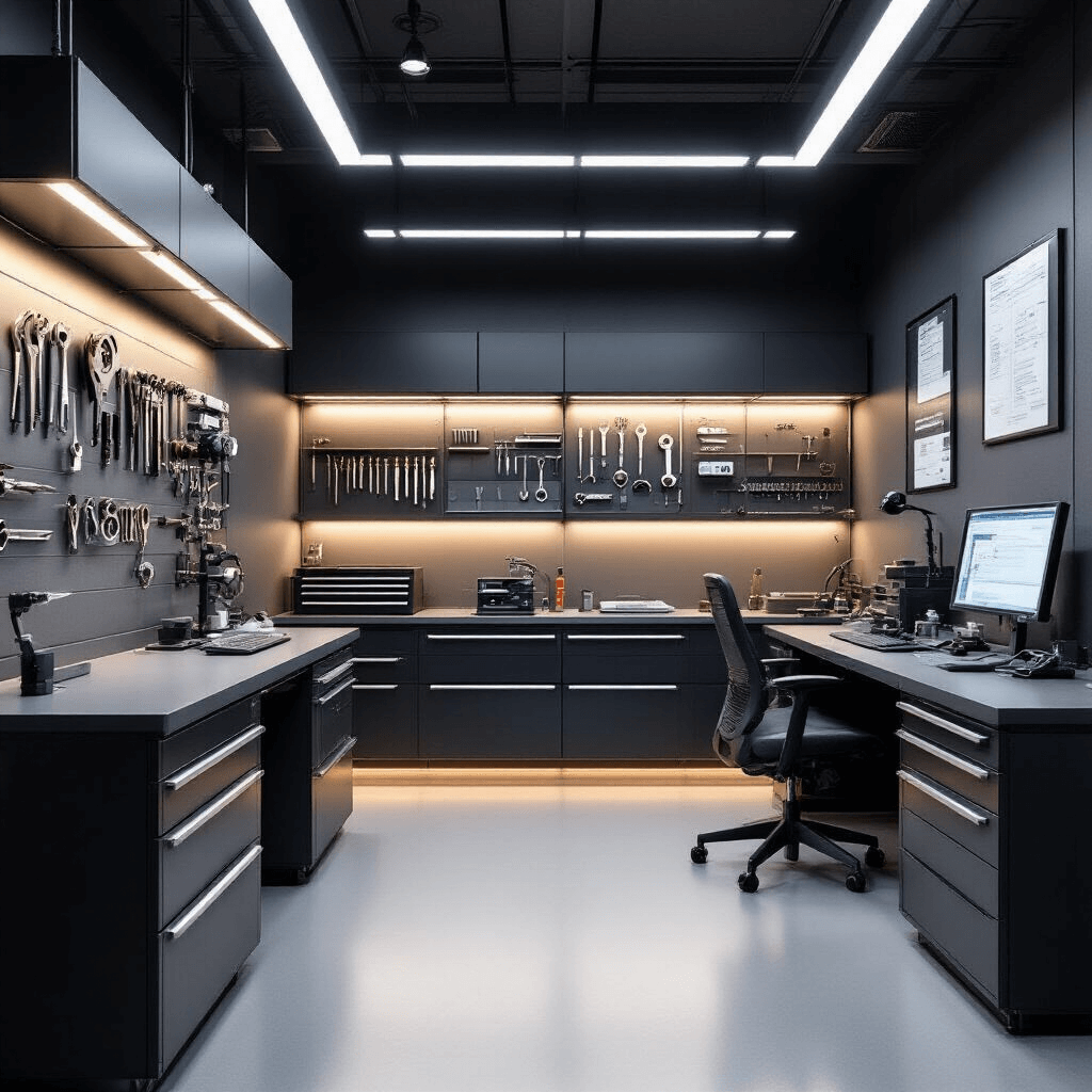 Interieur van een high-tech sleutelservice met minimalistisch design, featuring een centrale werkplek met een sleutelprogrammeerstation, omringd door technische documentatie, prototypes en precisiegereedschappen, verlicht door zachte industriële verlichting.