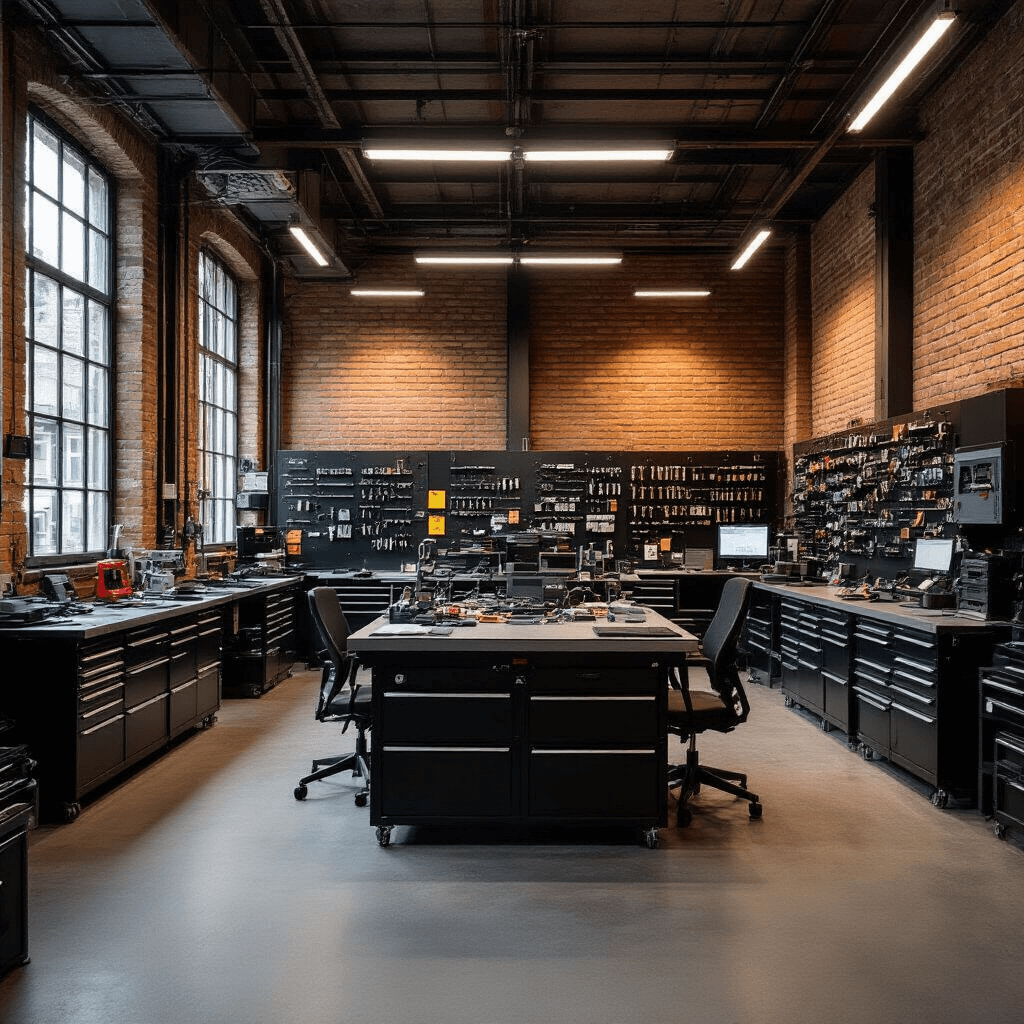 Een hypergedetailleerde scène in een moderne sleutelservice in Den Haag met industriële bakstenen muren, een grote RVS-werkbank en een gespecialiseerde slotenmaker die een dupliceermachine bedient, omringd door georganiseerde ladekasten met transponders en elektronische chips.