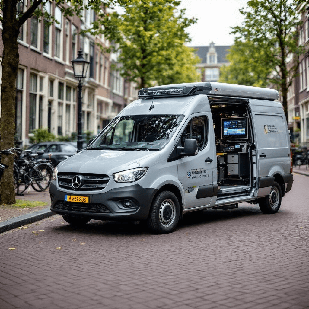 Detailopname van een mobiele autosleutelservice-bestelwagen in Den Haag, ingericht als high-tech werkplaats met geavanceerde apparatuur en een professional die aan een autosleutel werkt.