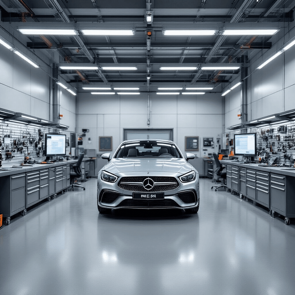 Ultra-gedetailleerde fotorealistische weergave van een moderne autosleutelservice-werkplaats met een centrale programmeerruimte, lichtgrijze betonvloer, RVS werkbanken en geavanceerd diagnostisch apparatuur.