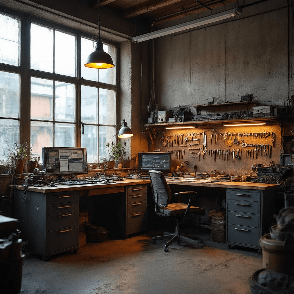 Cinematografische weergave van een gespecialiseerde autosleutelservice met warme houttinten, betonnen muren en een groot technisch werkoppervlak vol transponders en sleutelblanco's, verlicht door vintage industriële lampen.