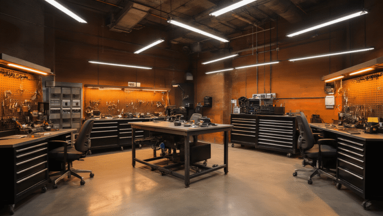 Cinematische opname van een moderne auto sleutelprogramma werkplaats met warme industriële verlichting, gepolijste betonvloeren en professionele gereedschappen, waarbij de nadruk ligt op de sleutel snijmachine in een uitnodigende en professionele sfeer.