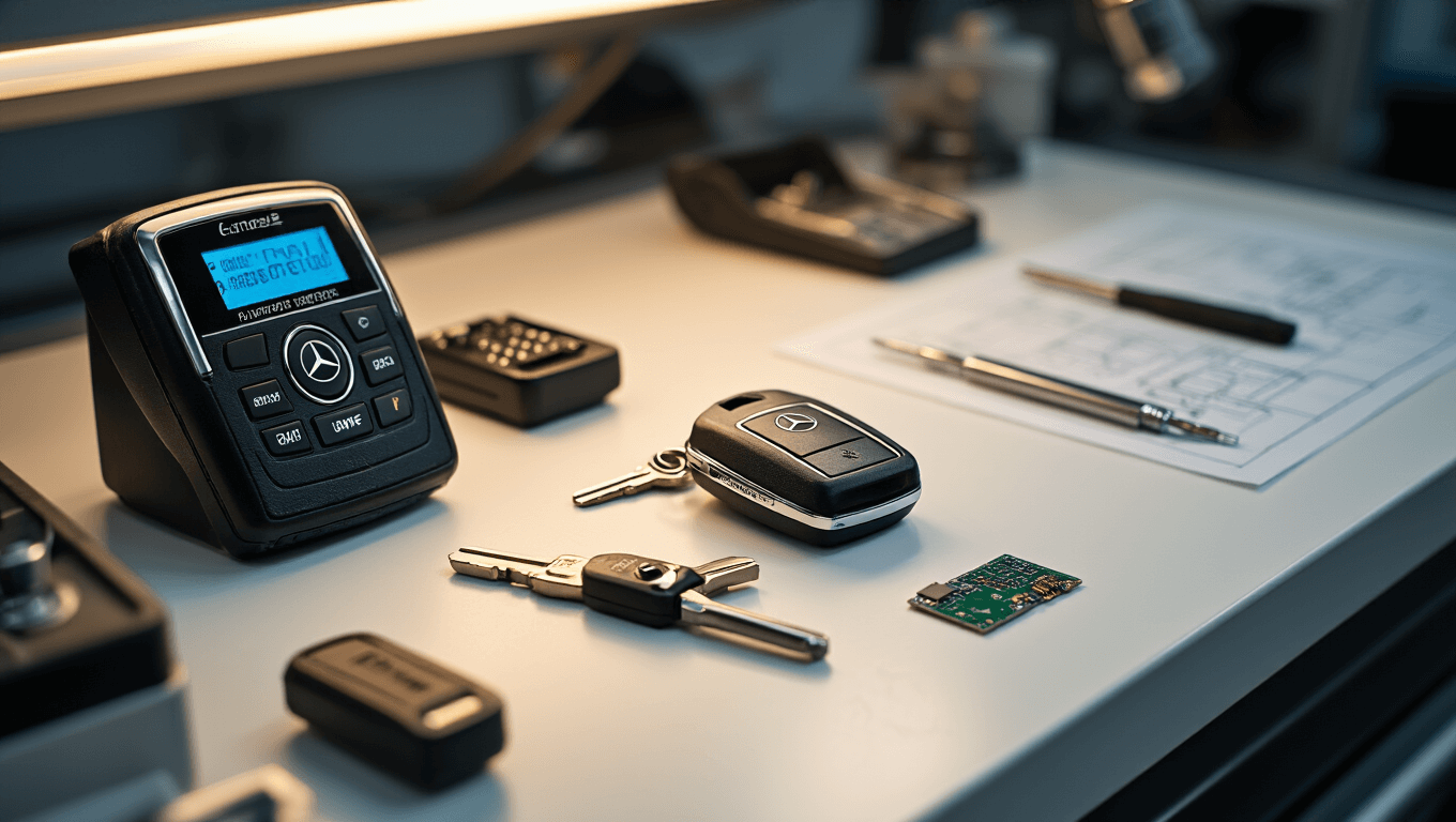 Cinematische close-up van een professionele autosleutelsmidwerkplaats met een schone witte werkbank, Mercedes-sleutelcomponenten, elektronische transponderchips en precisiegereedschap, verwarmd door sfeervolle verlichting.