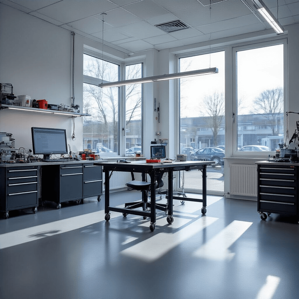 Transponder Sleutels Bijmaken in Rotterdam: Mijn Eerlijke Ervaring en Wat Het Echt Kost Close-up van een moderne sleutelmakerij in Rotterdam met een centrale werktafel van geborsteld RVS, testapparatuur in gebruik, en een mobiele gereedschapswagen vol chips. Dramatische schaduwen door dakramen en een minimalistische inrichting met epoxy gietvloer in antracietgrijs.