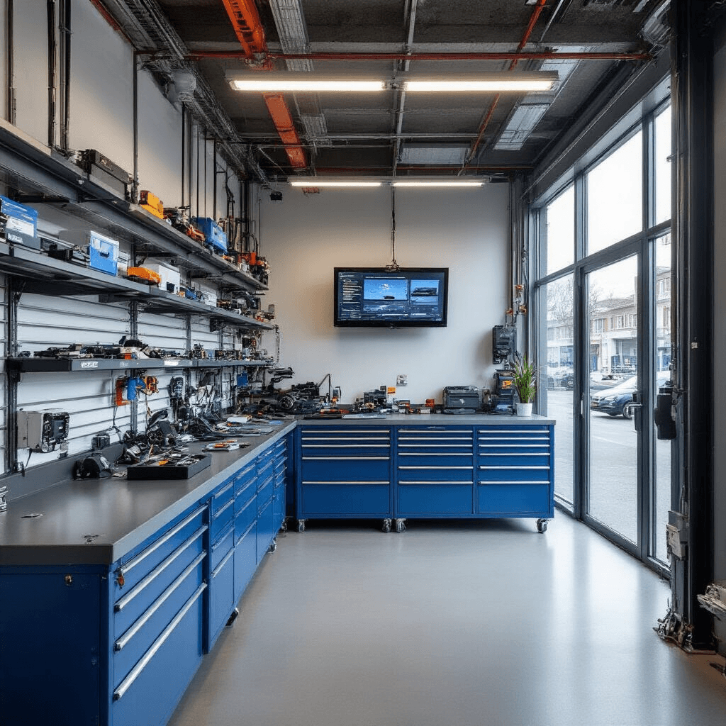 Ford Transpondersleutel Bijmaken Rotterdam: Alles Wat Je Moet Weten Interieur van een moderne autosleutelservice in Rotterdam met een antracietgrijze werkbank, Ford transponderchips, een wanddisplay met blanco sleutels en een glazen vitrine met afgewerkte sleutels, gefotografeerd vanuit een lage hoek.