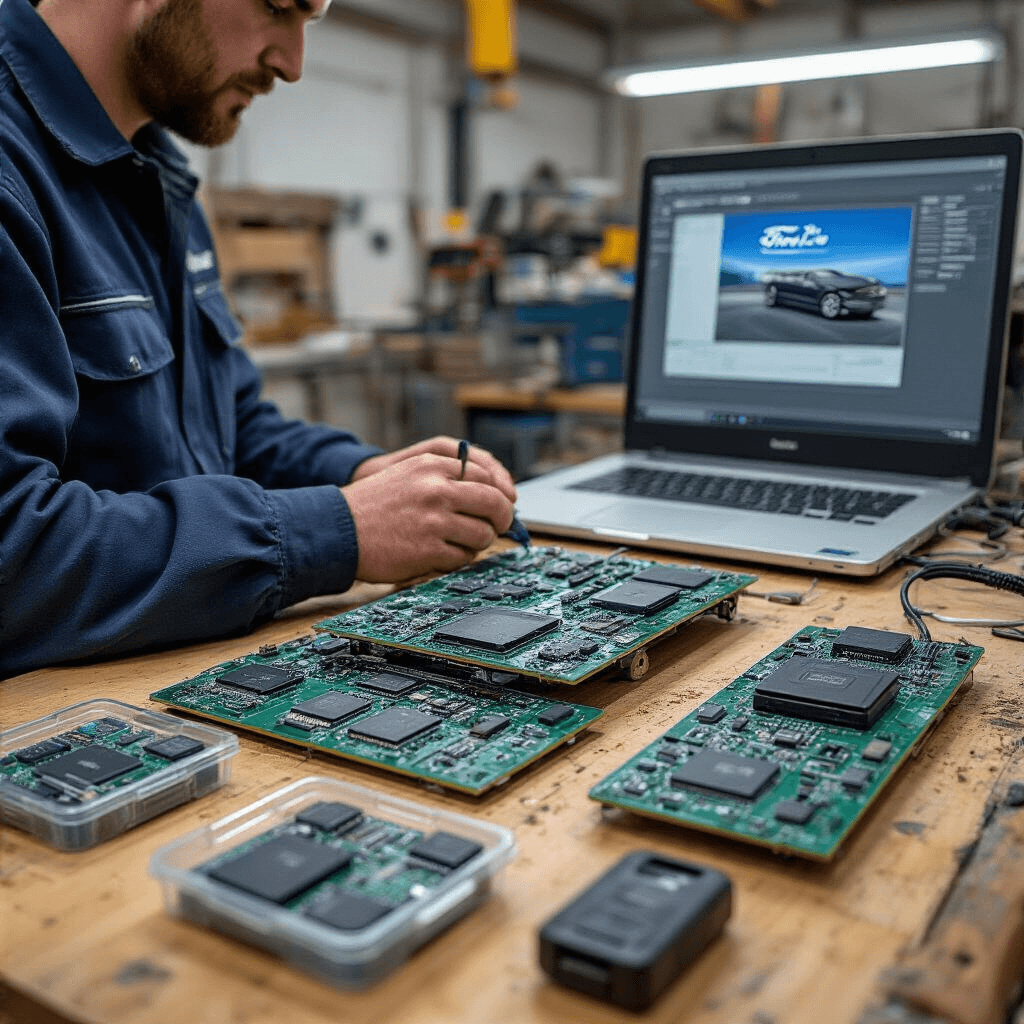 Ford Transpondersleutel Bijmaken Rotterdam: Alles Wat Je Moet Weten Close-up van een vakman in donkerblauwe werkkleding die een Ford Kuga sleutel programmeert op een georganiseerde werkplek met glanzende transponderchips, laptop met Ford IDS software, OBD-II kabels, en precisie-instrumenten, verlicht door warme middagzon.