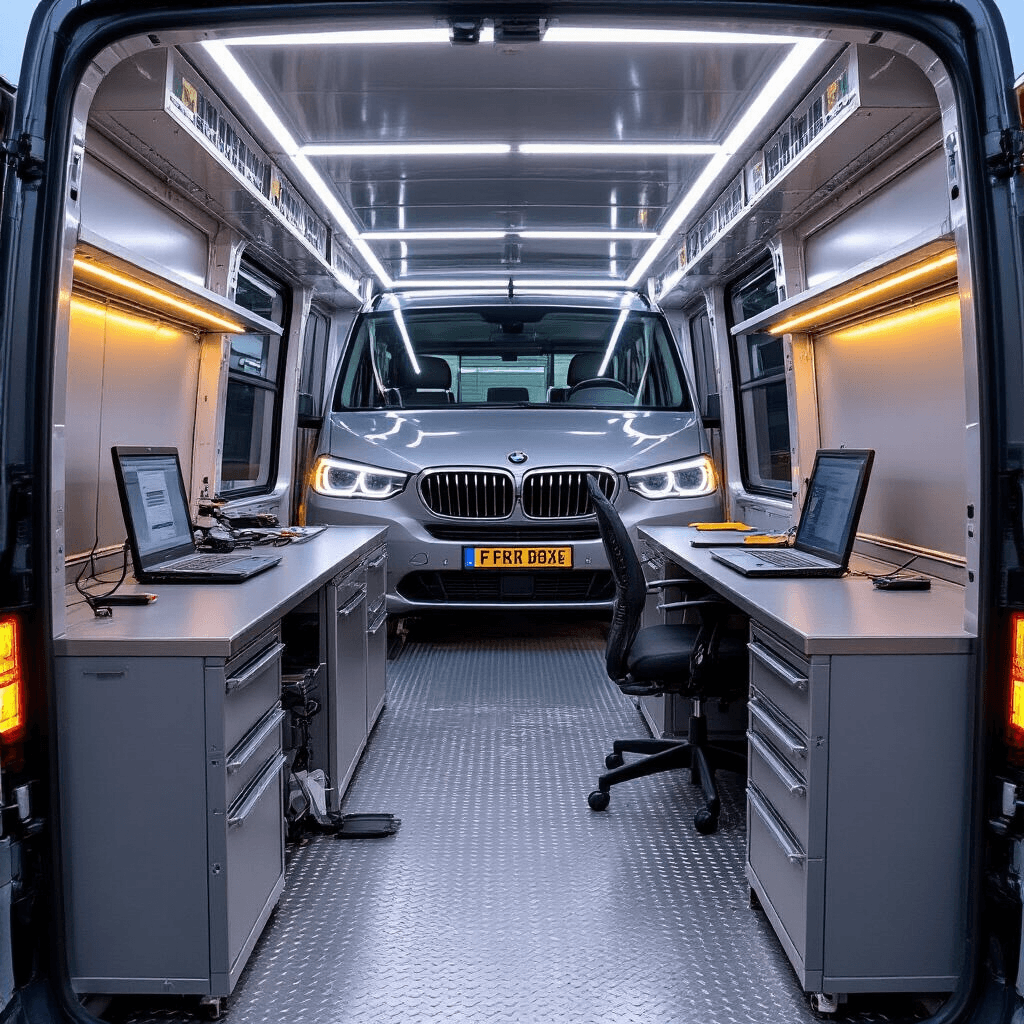 BMW Autosleutel Bijmaken: Wat Ik Geleerd Heb Over Kosten en Mogelijkheden Mobiele sleutelservice businterieur met uitklapbare werkbank, OBD-kabels en transponderchips, verlicht door gouden uur licht en LED-strips.