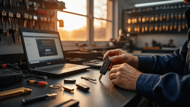 Ford Transpondersleutel Bijmaken Rotterdam: Alles Wat Je Moet Weten Professionele autolocksmit werkruimte met een Ford transponder sleutel in warme middagverlichting, programma-uitrusting op een gepolijst antraciet werkblad, en een laptop met Ford programmeersoftware.
