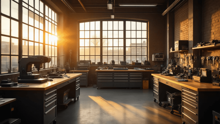 Transponder Sleutels Bijmaken in Rotterdam: Mijn Eerlijke Ervaring en Wat Het Echt Kost Industriële loft-achtige sleutelmakerij in Rotterdam met warme gouden ochtendlicht, L-vormige eiken werktafel, roestvrijstalen centrale tafel met diagnostische apparatuur, en een mobiele gereedschapswagen vol transponders, alles in een minimalistischer interieur met een donkergrijze epoxyvloer.