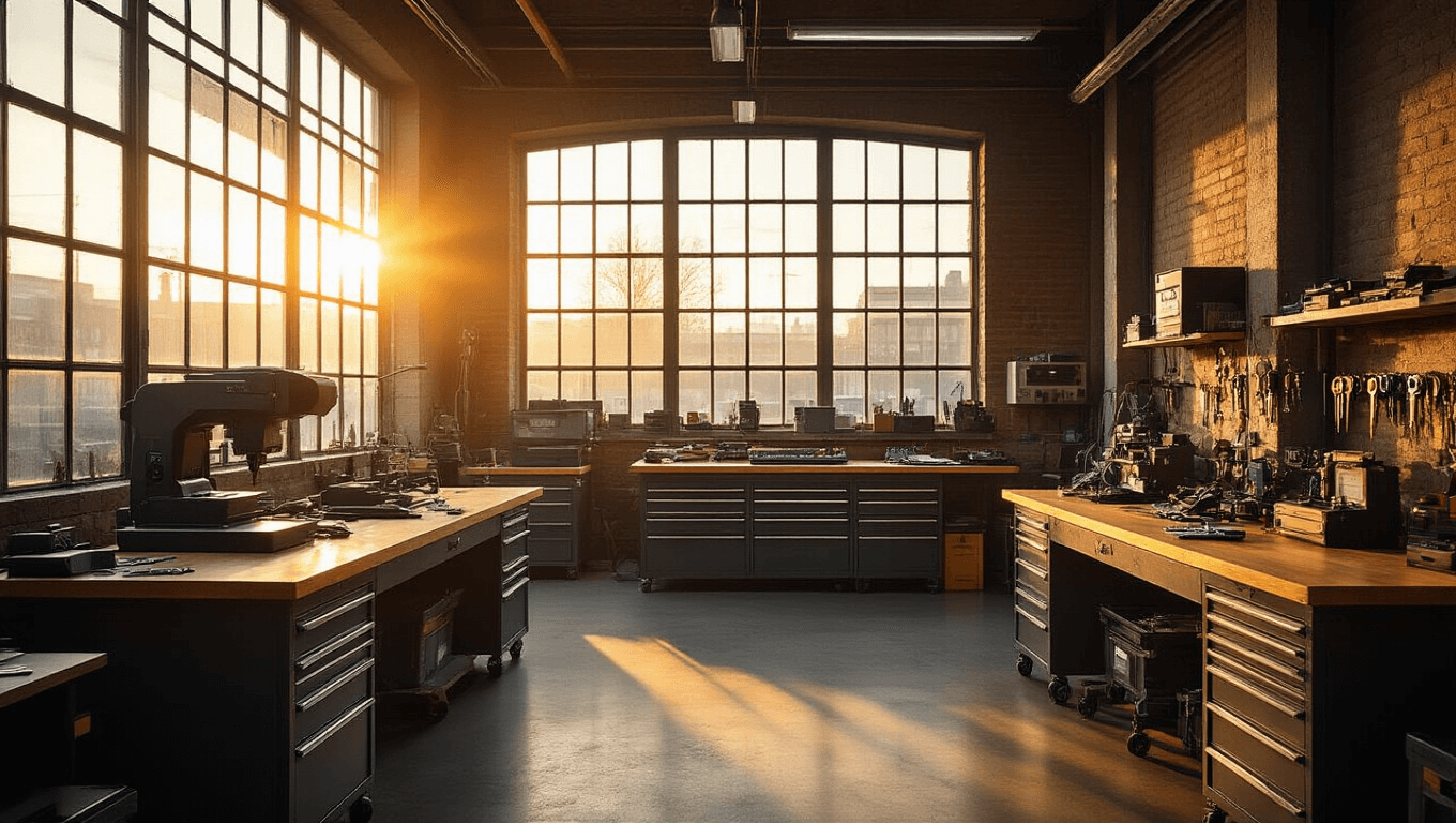 Transponder Sleutels Bijmaken in Rotterdam: Mijn Eerlijke Ervaring en Wat Het Echt Kost Industriële loft-achtige sleutelmakerij in Rotterdam met warme gouden ochtendlicht, L-vormige eiken werktafel, roestvrijstalen centrale tafel met diagnostische apparatuur, en een mobiele gereedschapswagen vol transponders, alles in een minimalistischer interieur met een donkergrijze epoxyvloer.