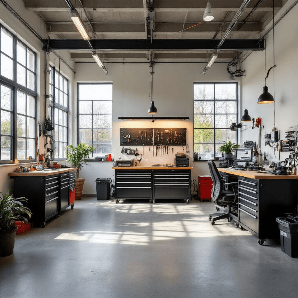 Verloren Sleutels in Voorschoten: Wat Ik Doe Wanneer De Paniek Toeslaat Fotorealistisch interieur van een moderne sleutelservice werkplaats met industriële uitstraling, featuring een centrale werkbank, gereedschapswand met lockpicking sets, en een vitrine met autosleutelbehuizingen, verlicht door natuurlijk licht van grote ramen en koele LED-verlichting.