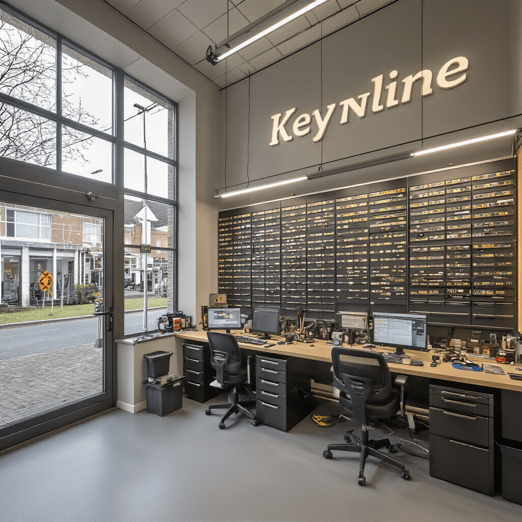 Verloren Sleutels in Voorschoten: Wat Ik Doe Wanneer De Paniek Toeslaat Interieur van een sleutelmakerij tijdens het gouden uur, met epoxy gietvloer, grote glazen pui, moderne sleutelsnijmachine, kleding met autosleutelcomponenten en transponders, bureau met monitoren voor sleutelprogrammering, en een half afgewerkte Toyota smart key.