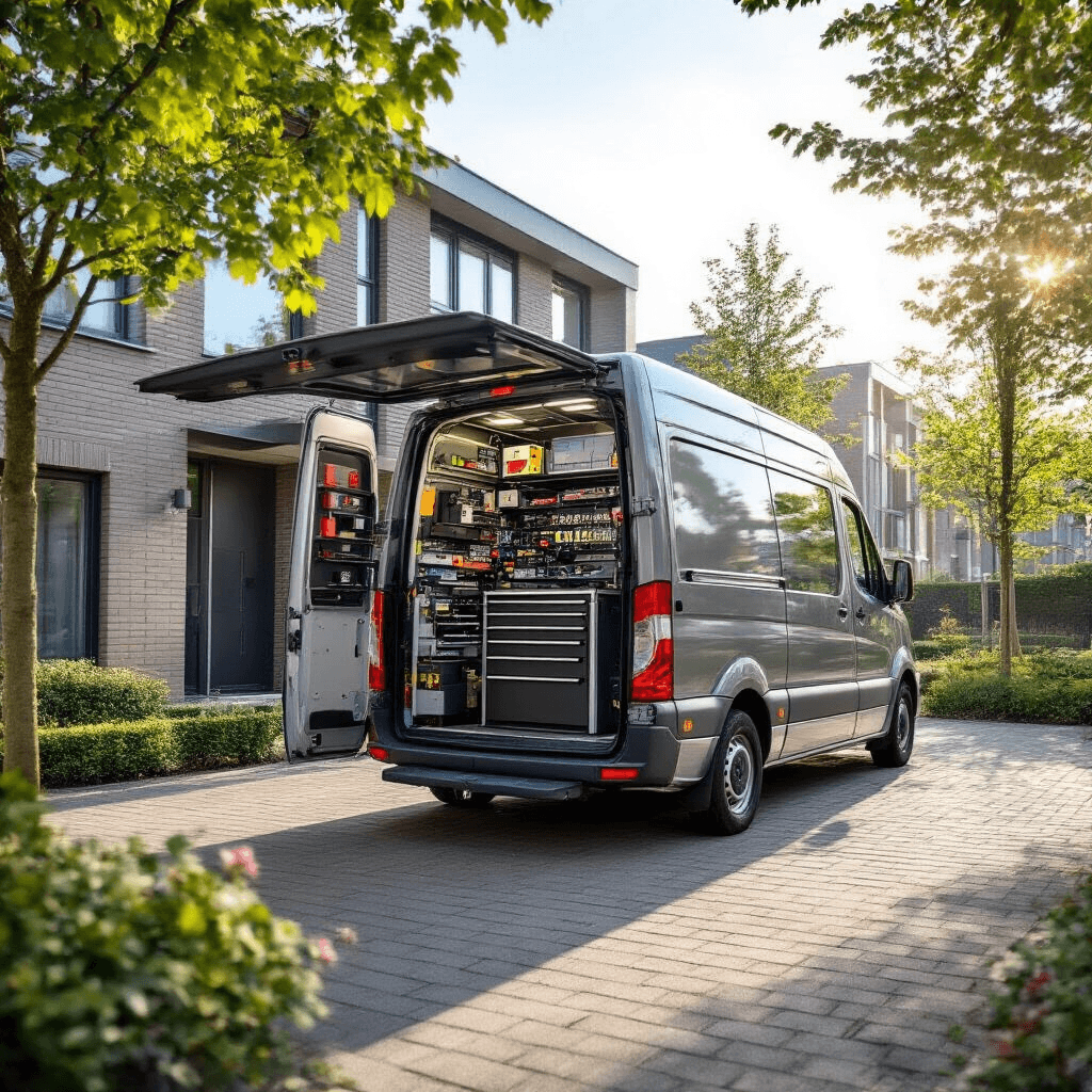 Toyota Yaris Sleutel Bijmaken: Alles Wat Je Moet Weten Hypergedetailleerd interieur van een mobiele sleutelservice bestelbus, met aan de linkerwand modulaire SORTIMO ladensystemen gevuld met transponderchips en sleutelbehuizingen, een centraal inklapbare werkbank met een AD100 Pro sleutelkloneringsapparaat en een oscilloscoop, en een vloer van antislip rubber, alles verlicht door warme LED-werkverlichting tegen de achtergrond van de koele ochtendzon.