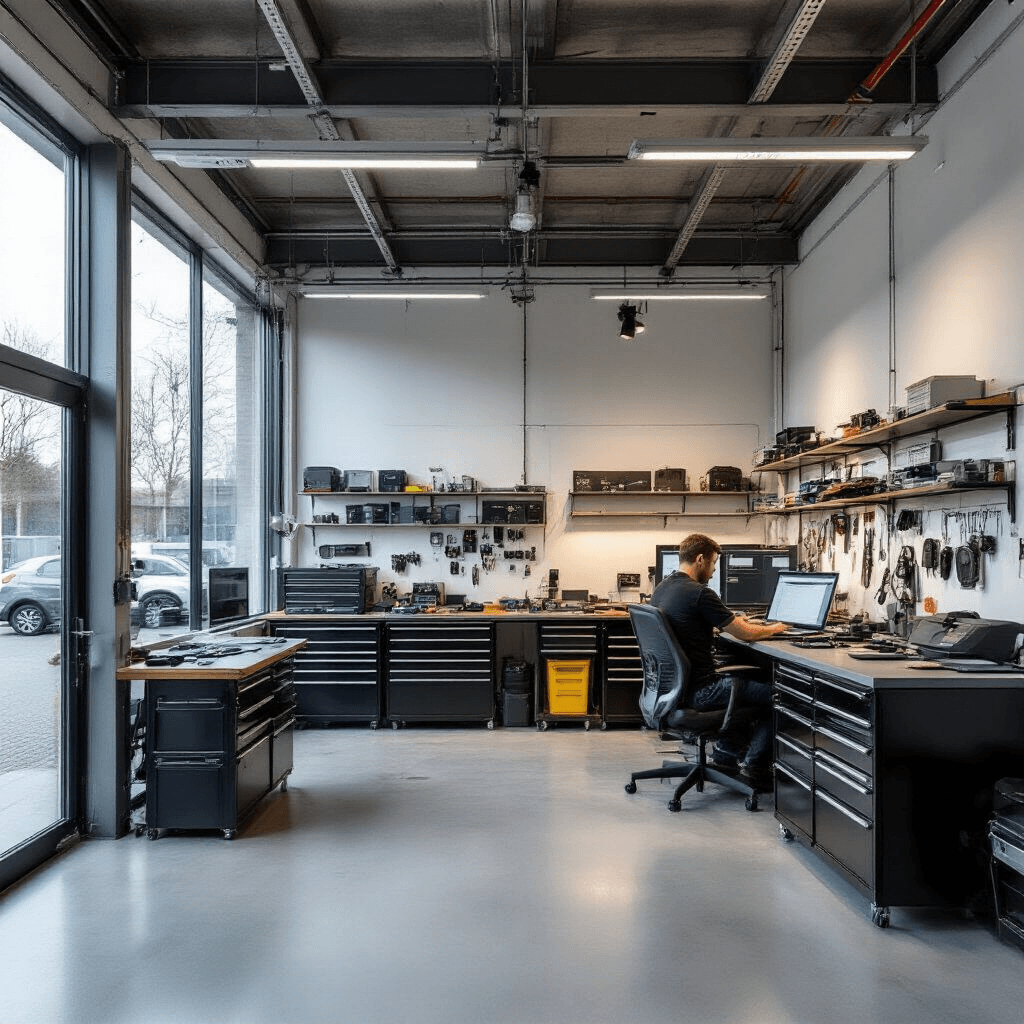 Hoe vind je de juiste sleutelmaker in Voorburg? Mijn ervaringen en eerlijke tips Fotorealistisch interieur van een moderne autosleutelwerkplaats in Voorburg met een centrale werkbank, technicus die een BMW-sleutel programmeert, industriële betonnen vloer, witte muren, en grote ramen die natuurlijk licht binnenlaten. Op de werkbank zijn een transponder-programmeerapparaat en laptop zichtbaar, omringd door verschillende autosleutels en componenten. Achtergrond met gereedschapskasten en een wanddisplay vol blanco sleutelbehuizingen, in een high-tech professionele sfeer met een kleurenpalet van grijs, wit, rood, en blauwe LED-accenten.