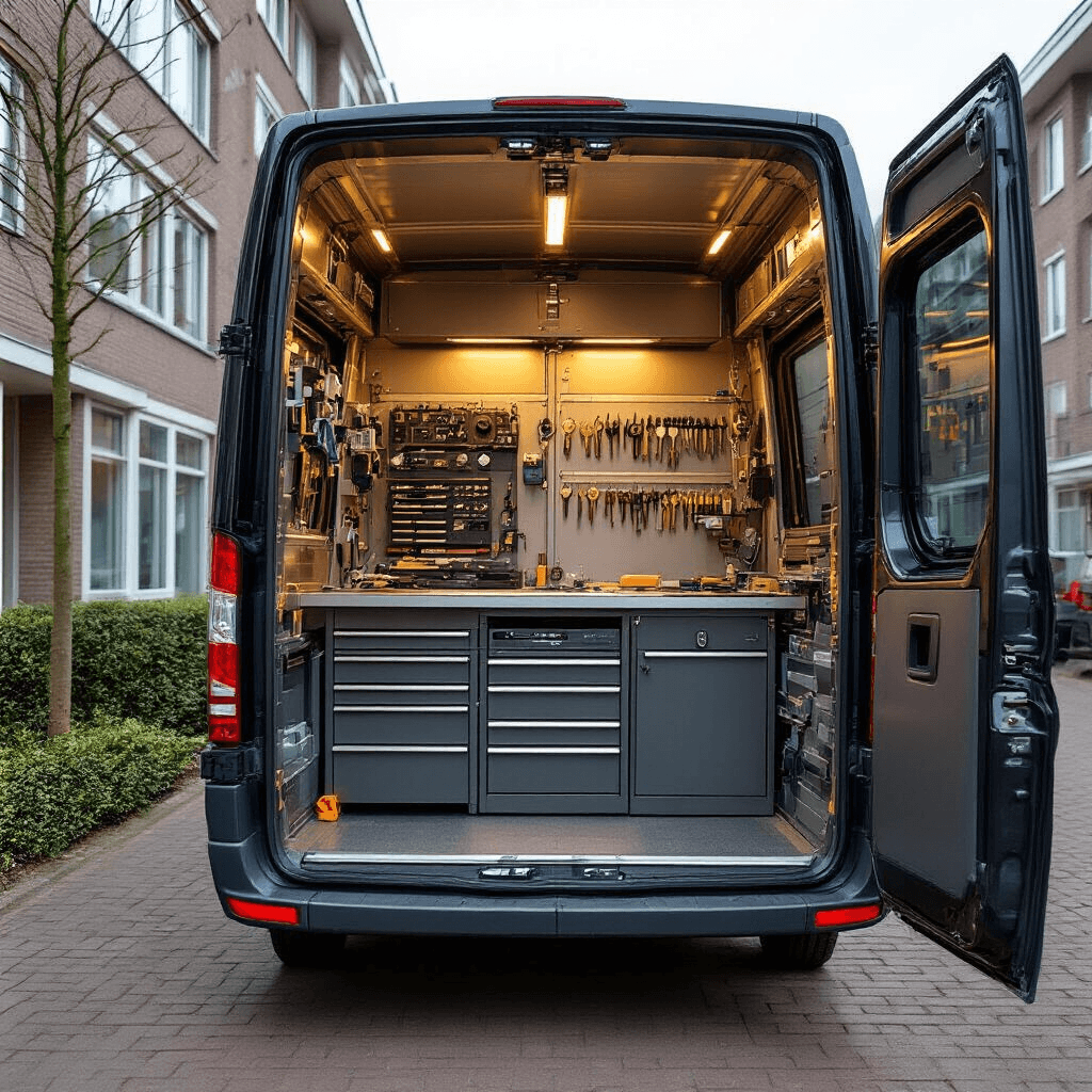 Hoe vind je de juiste sleutelmaker in Voorburg? Mijn ervaringen en eerlijke tips Interieur van een mobiele autosleutelservice-bus met een werkruimte vol sleutelsnijmachines, codeerapparatuur en laptops. Een technicus werkt aan een elektronische sleutelkloner. Gouden uurtje zonlicht verlicht de metalen oppervlakken.