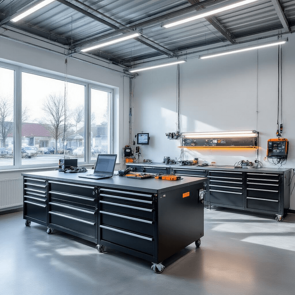 Ford Sleutel Bijmaken: Alles Wat Je Moet Weten Over Kosten, Tijd en Mogelijkheden Fotorealistisch interieur van een moderne autosleutelservice werkplaats met een grote werkbank, programmerende Ford transpondersleutel, stalen gereedschapskast, sleutelslijpmachine en georganiseerde sleutelblanks aan de muur, verlicht door natuurlijk licht en LED-strips.