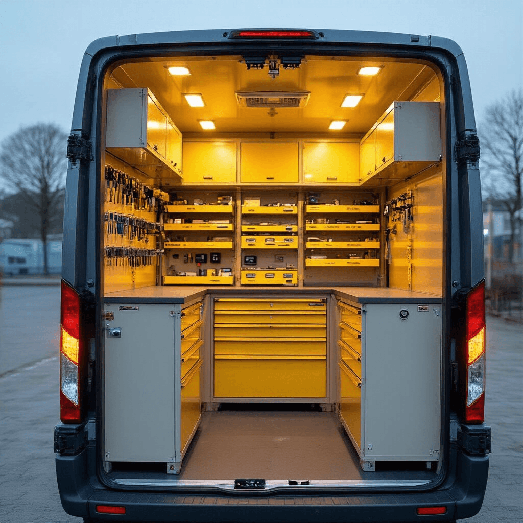 Ford Sleutel Bijmaken: Alles Wat Je Moet Weten Over Kosten, Tijd en Mogelijkheden Interieur van een mobiele sleutelservice busje met een compacte werkruimte van 3x2 meter, voorzien van modulaire ladensystemen voor Ford sleutelblanks, een elektronische sleuteldecoder, en een sleutelslijpmachine. Gouden uur licht stroomt door de openstaande achterdeuren, terwijl de vloer bedekt is met grijs industrieel tapijt.