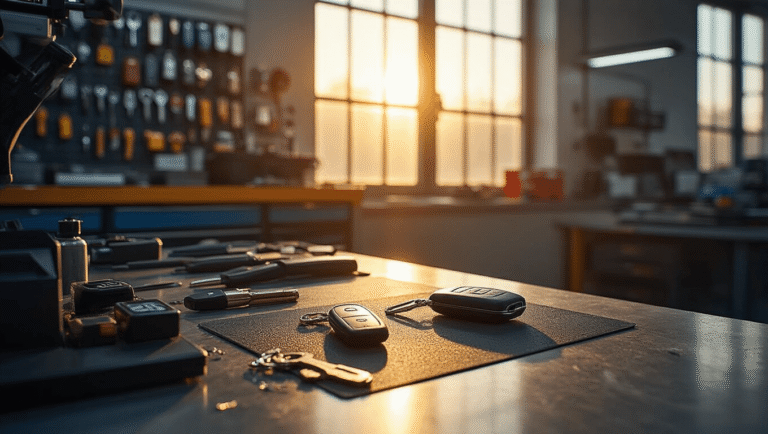 Toyota Yaris Sleutel Bijmaken: Alles Wat Je Moet Weten Hyperrealistisch modern autosleutelservicewerkplaats met Toyota-sleutels en programmeringsapparatuur op een schone achtergrond, gepolijste betonvloeren die warm goudkleurig zonlicht reflecteren, strakke roestvrijstalen werkbank met precisiesleutelsnijdmachine, georganiseerde wanddisplay van Toyota Yaris-sleutelhangers, halfafgewerkte flip-sleutel op antistatisch mat, professionele LED-verlichting, warme amber- en koele blauwe kleurpalette, uitnodigende sfeer van expertise.