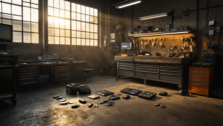 Autodeur Gaat Niet Op Slot: Wat Je Nu Moet Doen Een korte beschrijving van een professionele autslot reparatieworkshop met een stalen werkbank, diverse autosleutels en gereedschap, verlicht door warm namiddaglicht dat door industriële ramen straalt.