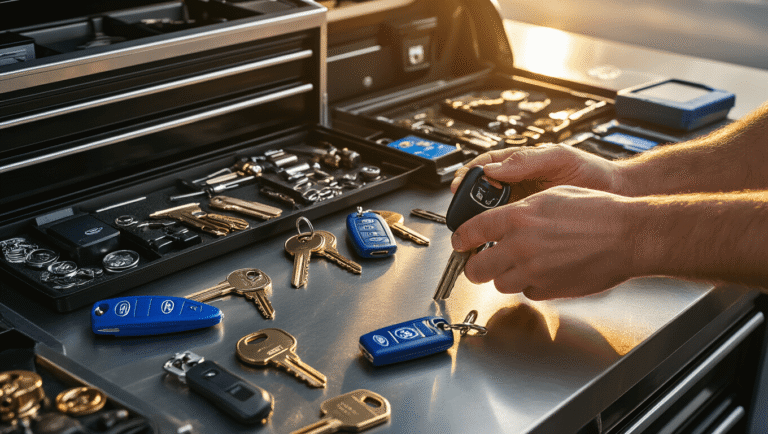 Ford Sleutel Bijmaken: Alles Wat Je Moet Weten Over Kosten, Tijd en Mogelijkheden Cinematisch overzicht van een professionele slotenmaker werkruimte met Ford-sleutels en gereedschap op een schoon roestvrijstalen oppervlak, verlicht door warm licht in de avond.
