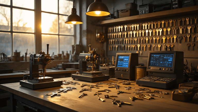 Hoe vind je de juiste sleutelmaker in Voorburg? Mijn ervaringen en eerlijke tips Cinematic interieur van een professionele slotenmakerij met een warme gouden uurlijke belichting, inclusief een gepolijste houten werkbank met messing sleutelknippers, glinsterende metalen sleutels onder zachte hanglampen, elektronische transponder programmeerapparatuur met gloeiende blauwe LED-displays, wandmontage van sleutelblanks die geometrische patronen vormen, industriële betonnen vloeren die omgevingslicht reflecteren, grote ramen die dramatische schaduwen werpen, warme kleuren van messing, diepe blauwtinten, antracietgrijs en crèmekleur, ondiepe scherptediepte die complexe sleutelmechanismen en precisiegereedschap benadrukt, uitnodigende professionele sfeer met georganiseerde chaos van ambachtelijkheid, ultra-gedetailleerde texturen van metaal, hout en leren gereedschapskoffers.