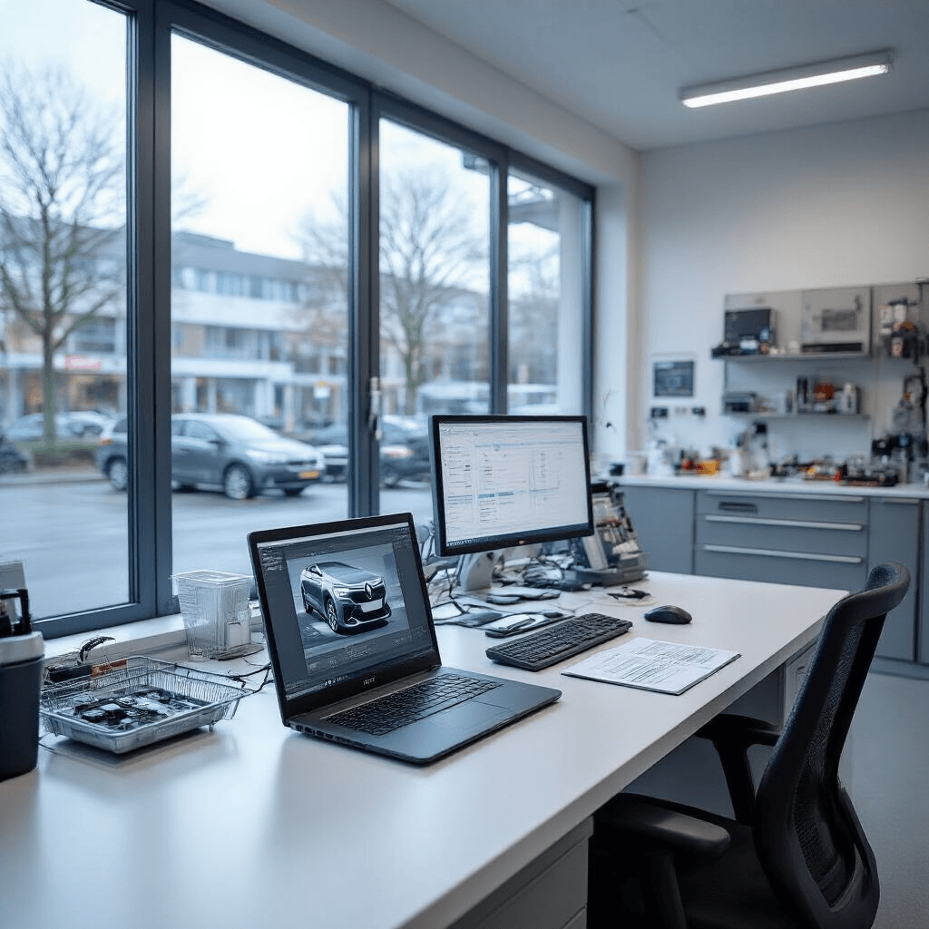 Renault Scenic Sleutel Bijmaken: Alles Wat Je Moet Weten Fotorealistisch interieur van een moderne autosleutelservice werkplaats met L-vormige werkbank, Renault sleutelkaart programmeeropstelling, wandkasten met blanco sleutels, specialistisch gereedschap op een pegboard, en een lichte epoxy vloer met gele veiligheidsstrepen, verlicht door natuurlijk namiddaglicht.