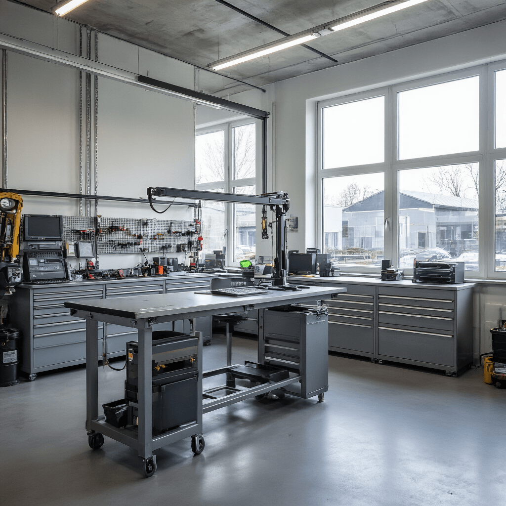Autoslot Problemen? Hier Is Alles Wat Je Moet Weten Om Ze Op Te Lossen Een hyperrealistische werkplaatsscène in een moderne autosleutelservice met een ergonomische werkbank van geborsteld RVS, gevuld met professioneel sleutelprogrammeerapparaat en gereedschap, verlicht door warm zonlicht dat door grote ramen valt.