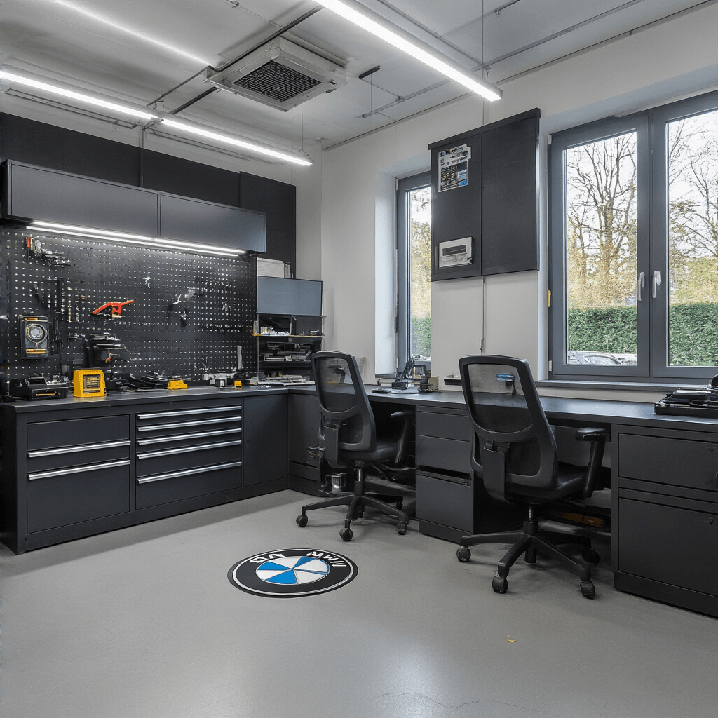 Autoslot Problemen? Hier Is Alles Wat Je Moet Weten Om Ze Op Te Lossen Interieur van een premium autosleutelwerkplaats met gepolijste betonvloer en akoestische wandpanelen, verlicht door LED-rails. De zwart granieten werkbank toont een geopende Mercedes sleutel, omringd door precisie gereedschap en een glazen kast met originele autosleutels.
