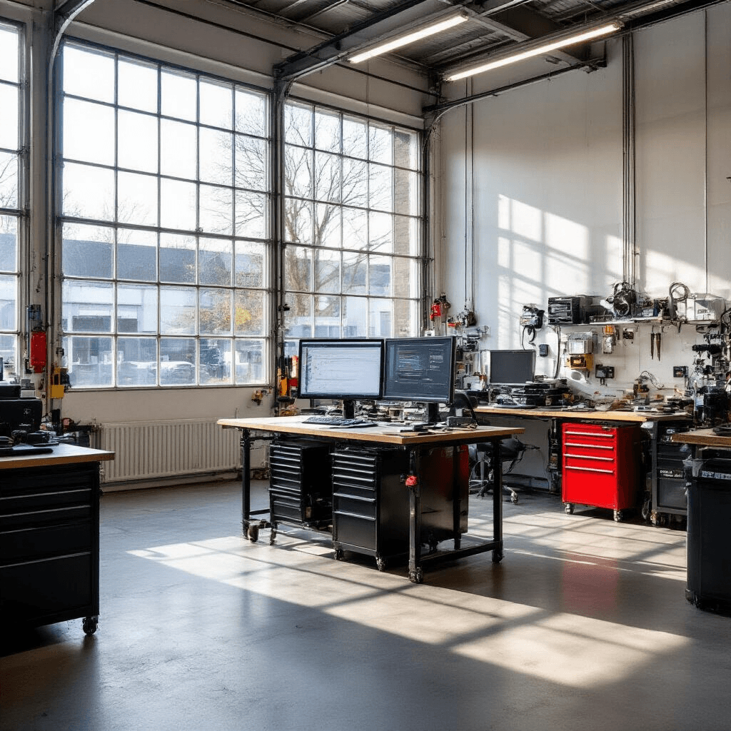 Autosleutel Kopiëren in Rotterdam – Snel, Veilig en Betaalbaar Moderne autosleutelservice werkplaats in Rotterdam met betonvloer en witte muren. Late namiddag zonlicht valt door grote ramen en benadrukt een sleutelprogrammeerstation en een MVP Pro sleutelkloner. Werkbank met transponderchips en autosleutelbehuizingen, daarnaast een Silca Futura Pro sleutelfreesmachine. Perforated toolboard aan de muur met sleutelblanks en OBD2 kabels.