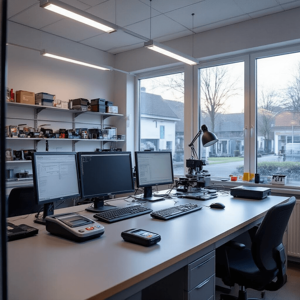 Autosleutel Kopiëren in Rotterdam – Snel, Veilig en Betaalbaar Interieur van een moderne sleutelkopieerwinkel met werkbank en sleutelsnijmachine, verlichte werkruimte met detail van sleutelmaterialen en wachtruimte.
